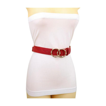 Women Red Faux Leather Fashion Belt Waist Hip Gold Metal Circle Bamboo Shape Buckle M L Z077