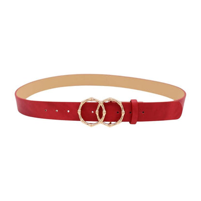 Women Red Faux Leather Fashion Belt Waist Hip Gold Metal Circle Bamboo Shape Buckle M L Z077