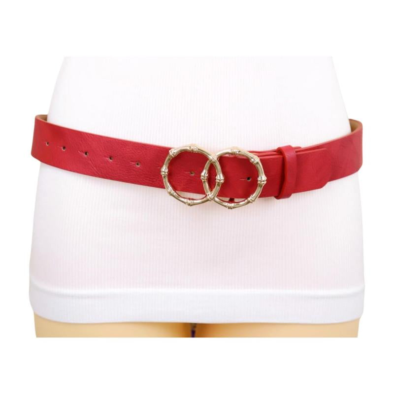 Women Red Faux Leather Fashion Belt Waist Hip Gold Metal Circle Bamboo Shape Buckle M L Z077