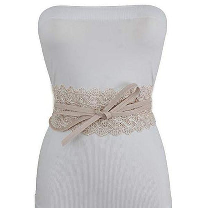 Women Wide Floral Lace Fabric Waistband Wrap around Chic Fashion Tie Belt Size S M L (Cream Pearl)