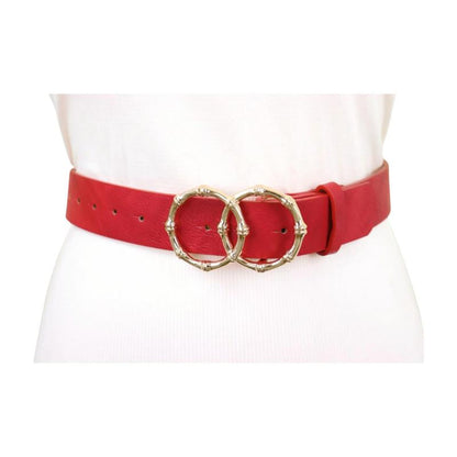 Women Red Faux Leather Fashion Belt Waist Hip Gold Metal Circle Bamboo Shape Buckle M L Z077