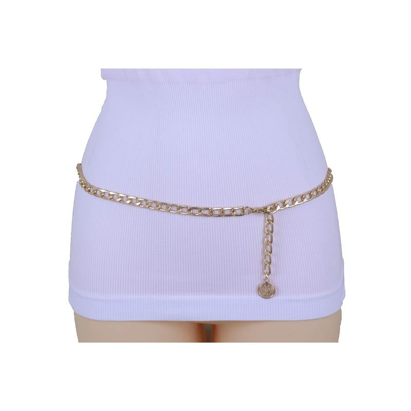 Women Bohemian Fashion Skinny Belt Hip High Waist GOLD Metal Chain Links Coin Charm plus Size XL XXL Adjustable Belt for Everyday Wear