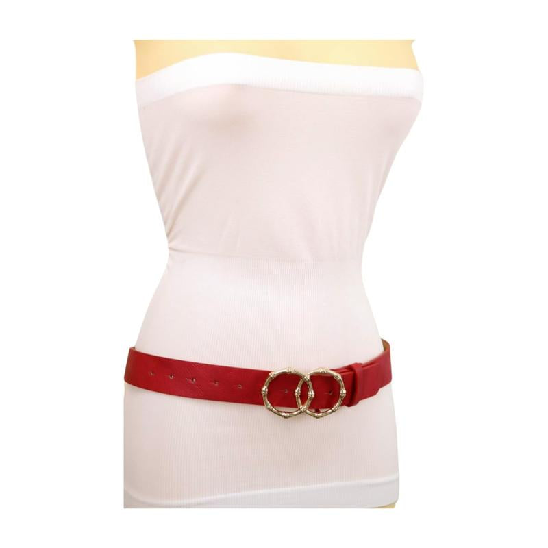 Women Red Faux Leather Fashion Belt Waist Hip Gold Metal Circle Bamboo Shape Buckle M L Z077