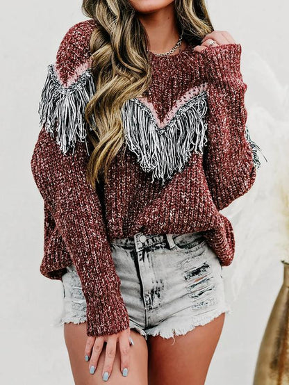 Women'S Fringe Trim Long Sleeve Sweater Pullover, Casual round Neck Jumper for Spring & Fall, Fashion Women'S Knitwear for Daily Wear