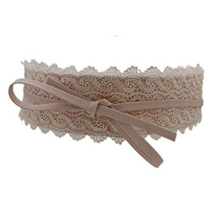 Women Wide Floral Lace Fabric Waistband Wrap around Chic Fashion Tie Belt Size S M L (Cream Pearl)