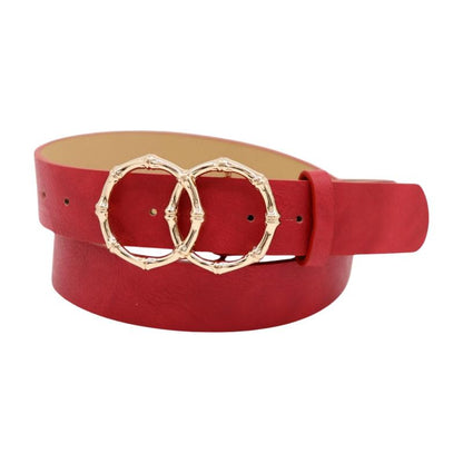 Women Red Faux Leather Fashion Belt Waist Hip Gold Metal Circle Bamboo Shape Buckle M L Z077